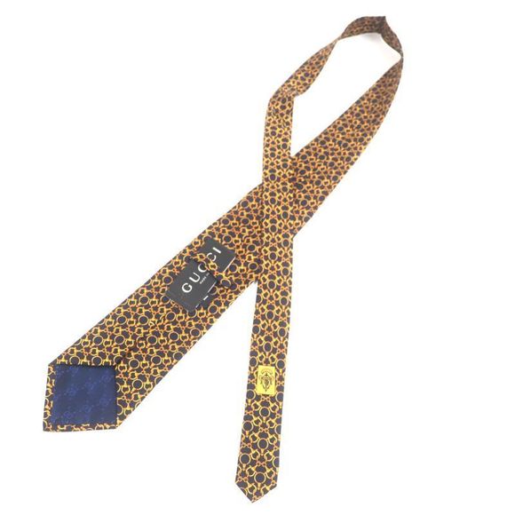 Gucci 100% Silk Cravat Bit Pattern Allover Tie Navy Gold Made In Italymade In - Picture 4 of 9